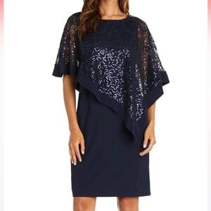 R&M Richards Mother Of The Bride Navy Blue Sequined Poncho Dress